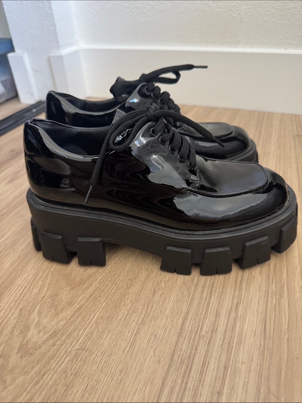 Prada Black Patent Chunky Lace-Up Platform Shoes